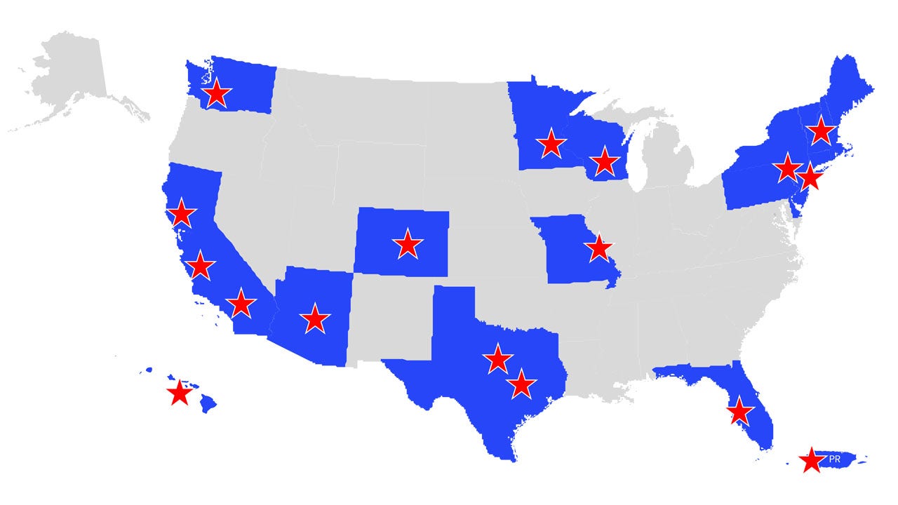 Map of the U.S.A. with blue highlights and a star on specific states 
