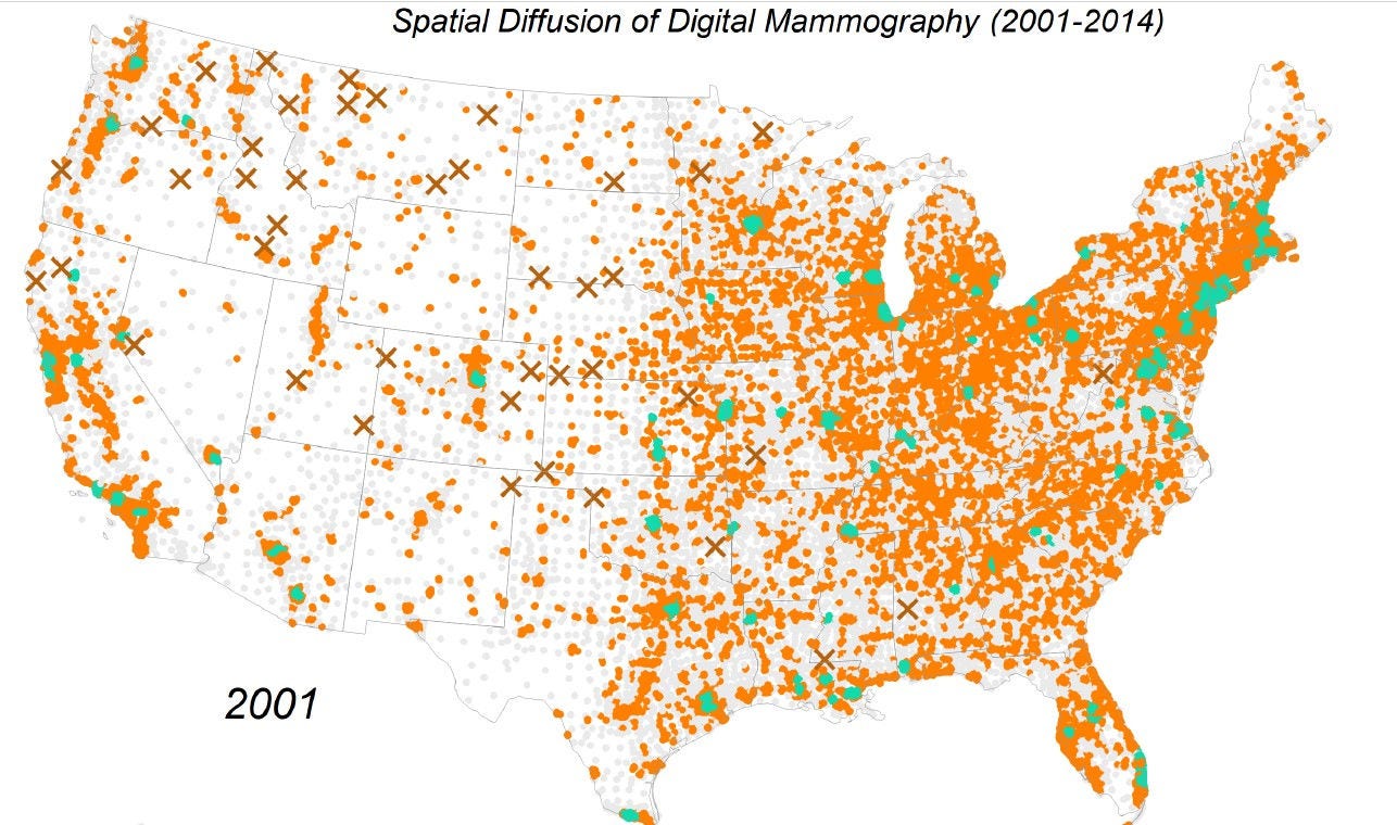 map of US spatial diffusino of digital Mammography (2001-2014) US map with orange and green circles and X